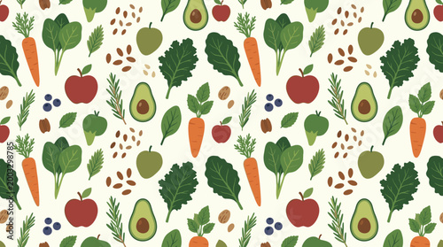 Fresh vegetables, fruits, and healthy ingredients scattered in a clean food concept with balanced elements repeating across the