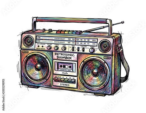Vibrant retro boombox with rainbow-colored speakers and cassette deck