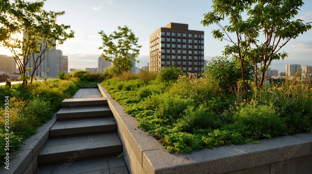 Fototapeta premium Urban rooftop garden with lush greenery and city buildings at sunset