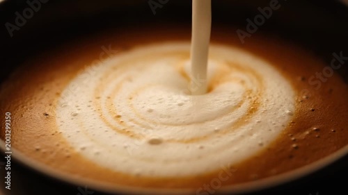 Latte coffee swirl with milk foam top view close up
