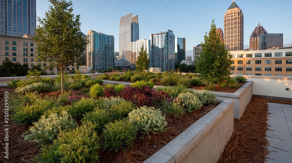 Fototapeta premium Urban rooftop garden showcasing native plants and greenery amid city skyline