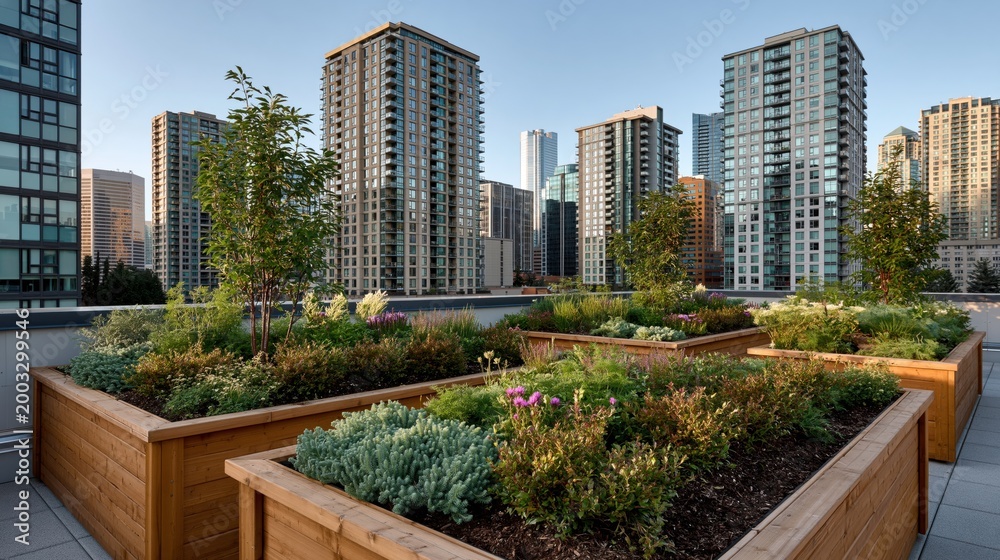 Fototapeta premium Urban rooftop garden with native plants and city skyscrapers in the background