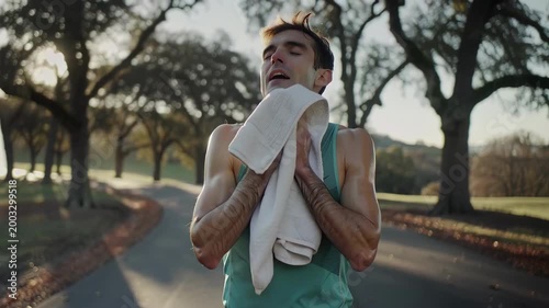 Man wiping sweat with towel after workout outdoors. Runner cooling down on road surrounded by trees. Fitness and healthy lifestyle concept.