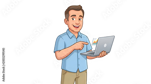 3d cartoon man with laptop isolated on transparent background for digital projects
