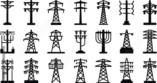Collection of electric power line poles and transmission towers silhouettes, energy infrastructure vector icons isolated on white background set