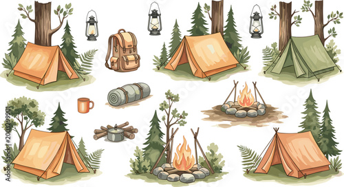 Camping Nature Scene Collection Vector Illustration Featuring Tents Campfire Backpack Lantern and Forest Outdoor Adventure Elements Set
