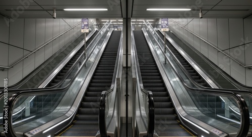 Symmetrical view of modern escalators in a transit hub, showcasing upward and downward movement