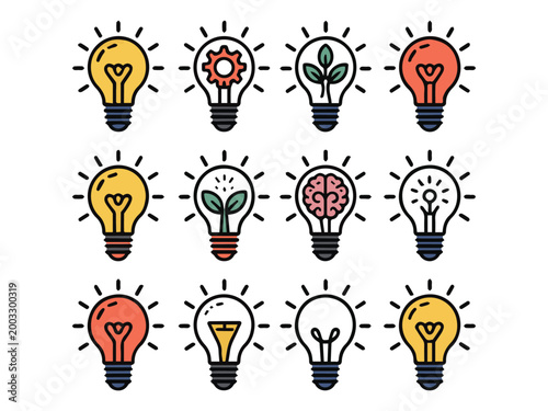 Creative Light Bulb Icon Set for Innovation, Idea Generation, Brainstorming, and Sustainable Energy Concepts