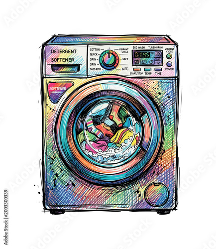 Colorful sketch of a modern front-loading washing machine with clothes inside