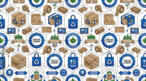 Sustainable packaging and circular economy icons in a repeating pattern