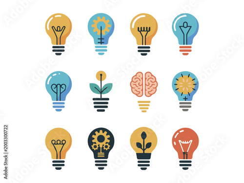 Modern Colorful Light Bulb Icon Collection for Creative Business and Sustainable Energy Ideas