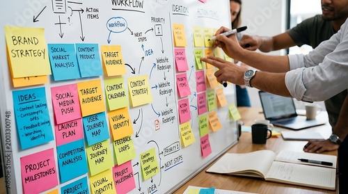 Planning and Brainstorming Session with Sticky Notes on a Whiteboard for Business Strategy Development