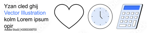 Time management, financial planning, work life balance, love, organization, business tools. Minimalistic icons including a heart, clock and calculator. Time management and financial planning