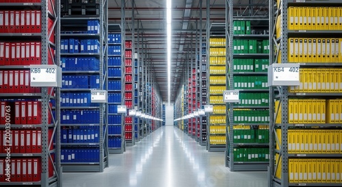 Vast warehouse interior with color-coded shelves and organized storage racks stretching into the distance.