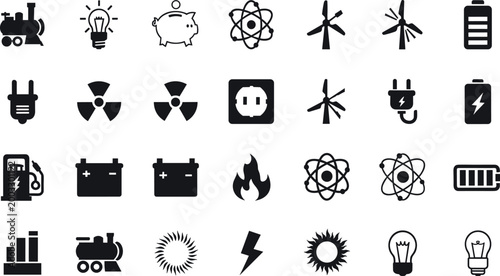 Energy and power icon vector set including electricity nuclear battery fuel renewable and industrial generation symbols