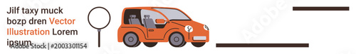 Transportation, navigation, vehicle analysis, car inspection, urban commuting, automotive research. An orange compact car with a magnifying glass nearby. Transportation and navigation concepts