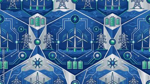 Deep-sea wind energy symbols and aquatic power grid icons integrated into a sleek seamless repeating pattern for utility platforms