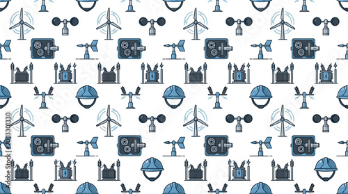 Wind farm development icons and turbine engineering symbols arranged in a sophisticated seamless repeating pattern for technical