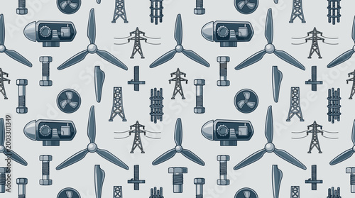 Wind power infrastructure elements and turbine construction symbols arranged in a seamless repeating pattern for energy
