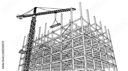 Construction crane lifting metal beams for a building structure project