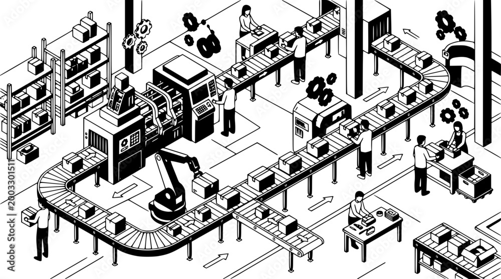 Obraz premium Isometric vector illustration of an automated factory production process