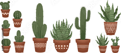 Collection of Cactus and Succulent Plants in Decorative Pots with Hand Drawn Botanical Illustration for Home Decor and Gardening Designs