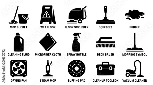 Collection of cleaning tools and safety symbols vector graphic illustration