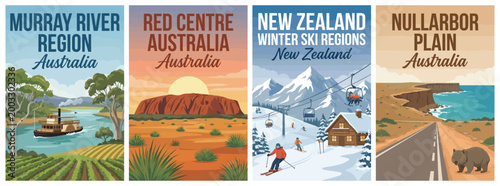 Majestic oceania travel poster set. Including murray river, red centre, nz ski regions, and nullarbor for iconic wall art prints. Retro vector illustration.