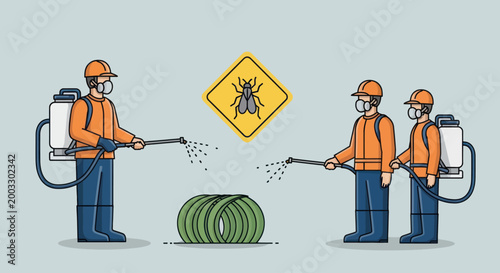 Pest Control Workers Spraying for Bugs with Warning Sign