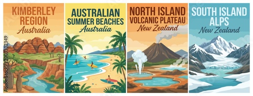 Majestic oceania travel poster set. Including kimberley, summer beaches, nz volcanic plateau, and southern alps for iconic wall art prints. Retro vector illustration.
