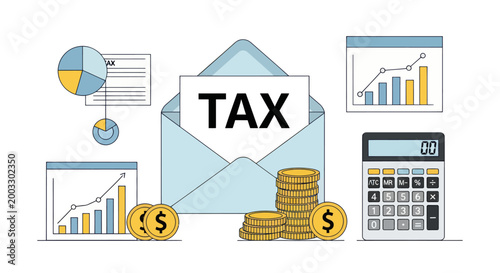 Tax payment and financial planning concept with calculator, coins, and charts