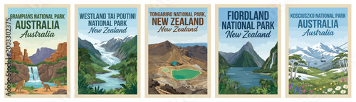 Majestic oceania natural wonders travel poster set. Including grampians, fiordland, tongariro, westland, and kosciuszko for iconic wall art prints. Retro vector illustration.