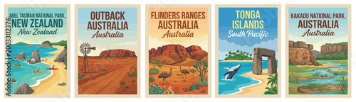 Majestic oceania travel poster set. Including abel tasman, outback, flinders ranges, tonga, and kakadu for iconic wall art prints. Retro vector illustration.