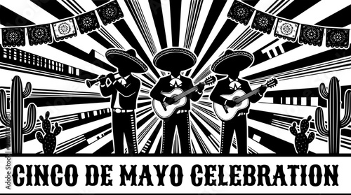 Three mariachi musicians playing instruments for cinco de mayo celebration