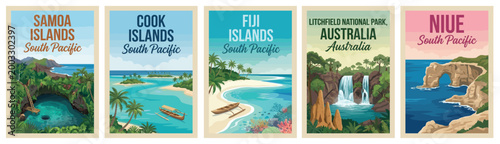 Majestic oceania travel poster set. Including samoa, cook islands, fiji, litchfield park, and niue for iconic wall art prints. Retro vector illustration.