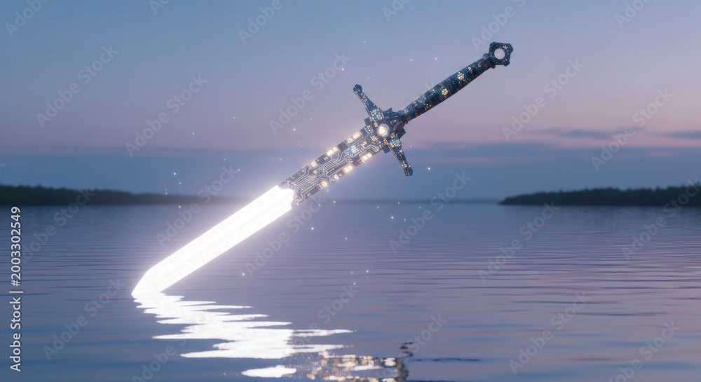 Naklejka premium Sword stuck in water with sparks.