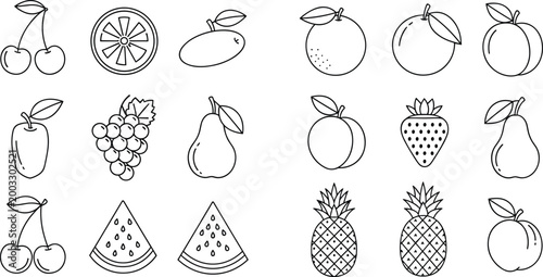 Fruit outline vector set including cherry citrus apple grape pear strawberry pineapple watermelon and tropical food icons