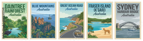 Majestic australia travel poster set. Including daintree rainforest, blue mountains, and sydney harbour bridge for iconic wall art prints. Retro vector illustration.