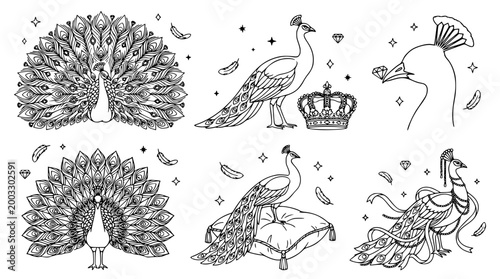 Detailed peacock vector graphic set with elegant bird line art