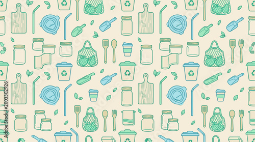 Zero-waste kitchen essentials and plastic-free culinary symbols forming a continuous seamless pattern for environmental awareness