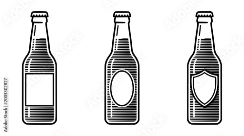 Three engraved beer bottle designs in a flat vector style