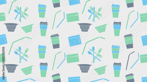 Zero-waste travel essentials and reusable mobility symbols forming a continuous seamless pattern for sustainable lifestyle