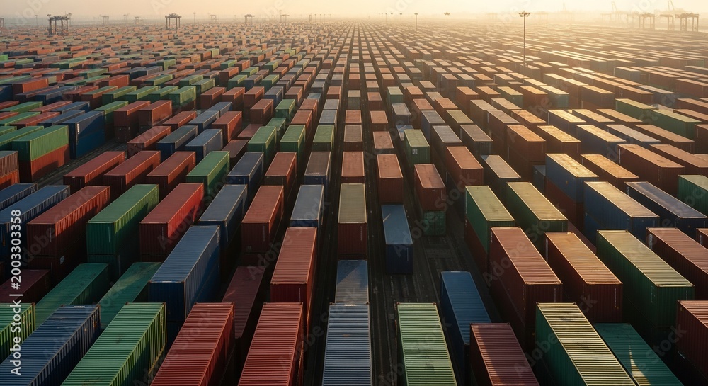 Fototapeta premium Massive Shipping Container Yard at Sunrise/Sunset, Aerial View of Logistics Hub with Stacks
