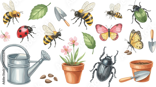 Garden Insects and Pollinators Collection Vector Illustration Featuring Bees Butterfly Ladybug Beetle with Plants Tools and Nature Elements Set