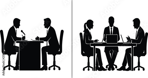 Silhouette, of, business, meeting, scenes, with, interview, discussion, and, team, collaboration, at, office, desk, with, laptop, isolated, white, background, vector.