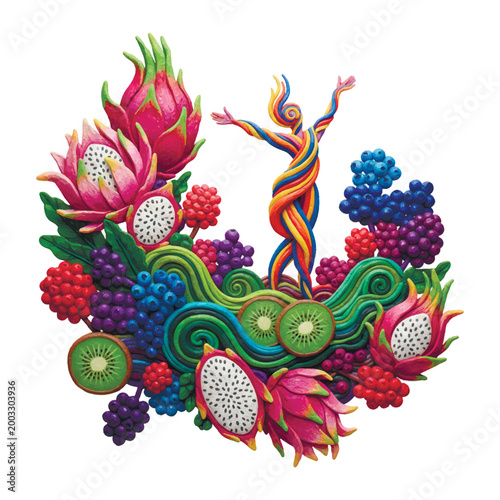 Vibrant abstract illustration of a slender figure celebrating among dragon fruit, kiwi, and berries. Concept of healthy weight loss, organic nutrition, and vital energy on a white background.