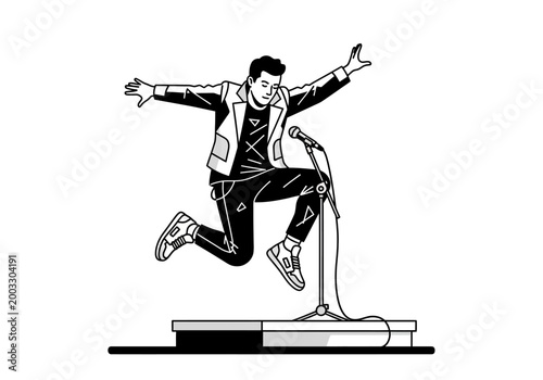 Fotografi Energetic male performer jumping on stage with microphone.