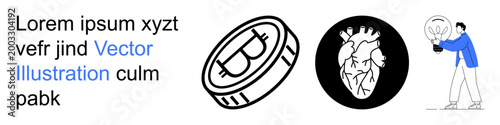 Finance, health, innovation, cryptocurrency, creativity, anatomy. A cryptocurrency coin, human heart illustration and person with a lightbulb. Finance and health-related concepts