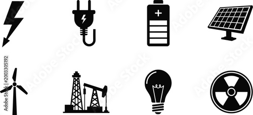 Energy and power icons set with lightning plug battery solar panel wind turbine oil rig bulb and radiation symbol