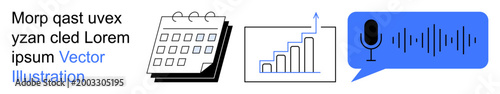 Time management, data analysis, productivity tools, communication, audio recording, business. Calendar, graph and speech bubble with soundwave. Time management and data analysis concept